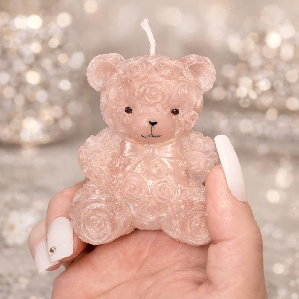 Handmade Rose Bear & Cross Candle Set – Shimmer Finish – Beeswax – Gift Set